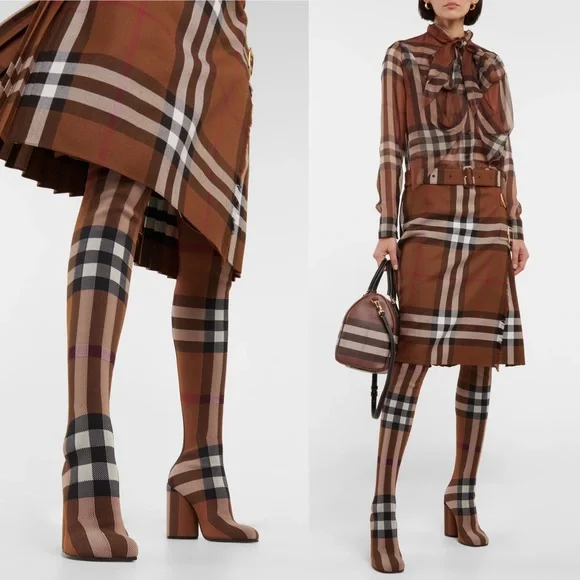 NIB Burberry 36 Anita Knit Check Over-the-Knee Thigh High Stretch Boots in Brown - Picture 6 of 17